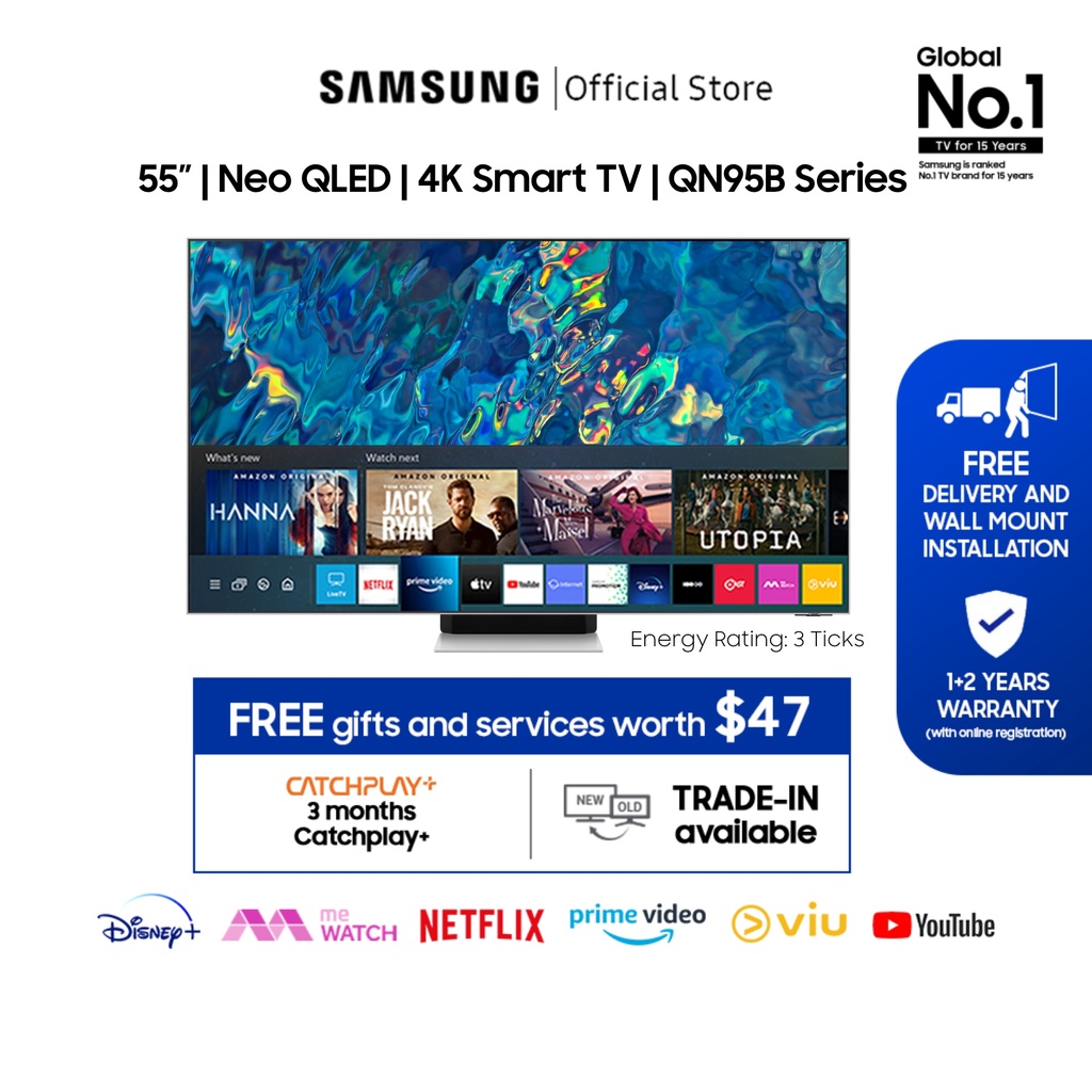Samsung 55” QN95B Neo QLED 4K Smart TV (2022), 3 Ticks / 36 Months