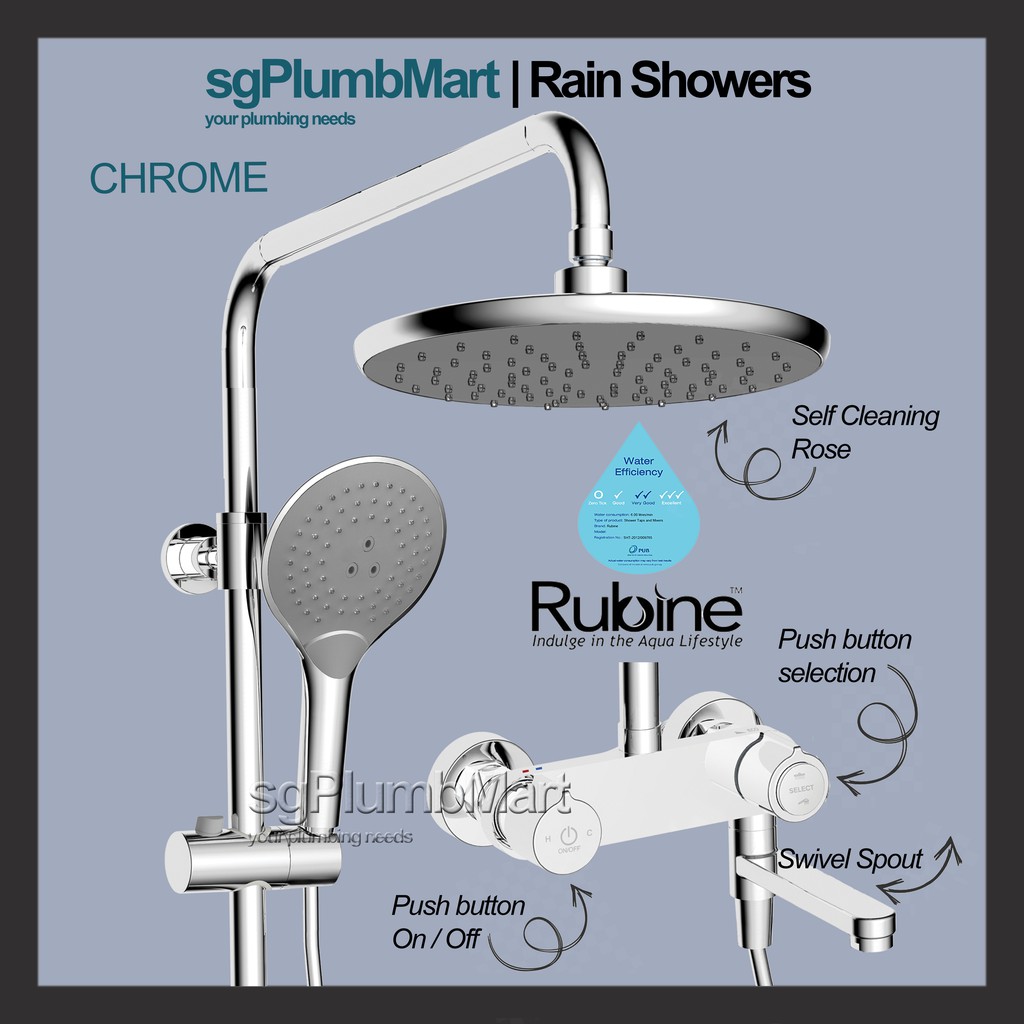 Rubine x sgPlumbMart Brass Chrome Rain Shower Set With Mixer Round