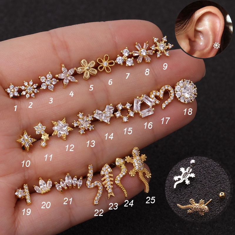 1pc g Helix Piercing Jewelry Conch Rook Lobe Tragus Stud New Rose Gold Color Plants And Animals Cz Cartilage Earring Shopee Singapore