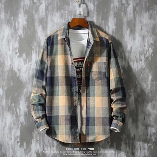 Plaid Shirt Men Long Sleeve Loose Large Size Trendy Casual Korean Shirt
