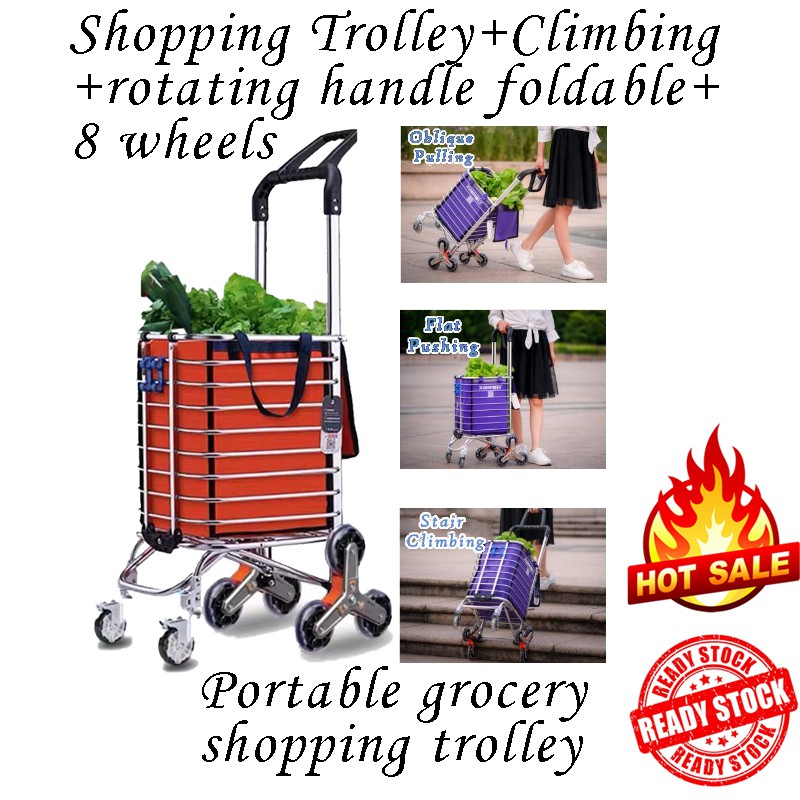 Grocery Trolley Shopping Trolley Climbing Rotating handle foldable 8 wheels Shopee