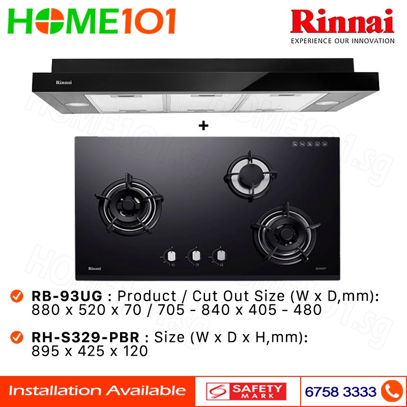 Rinnai Slimline Hood 90cm RHS329PBR & BuiltIn Hob RB93UG LPG