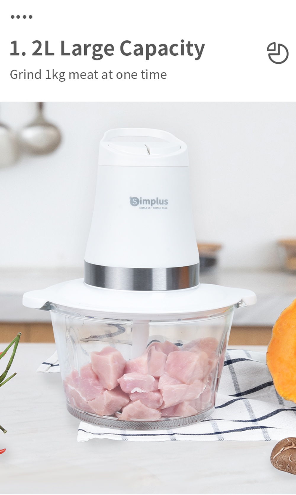 Simplus Meat Grinder 1.8L Glass Bowl Food Chopper Processor Mixer