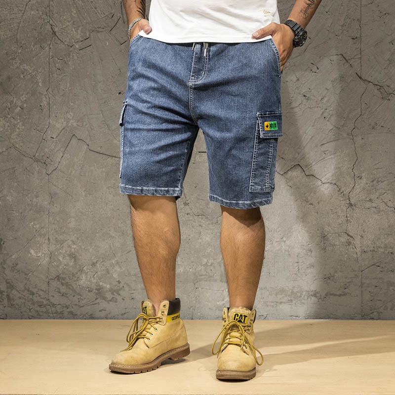 Plus Size Mens Cargo Shorts Stretchable Denim Jeans Short With Pockets Drawstring Waist