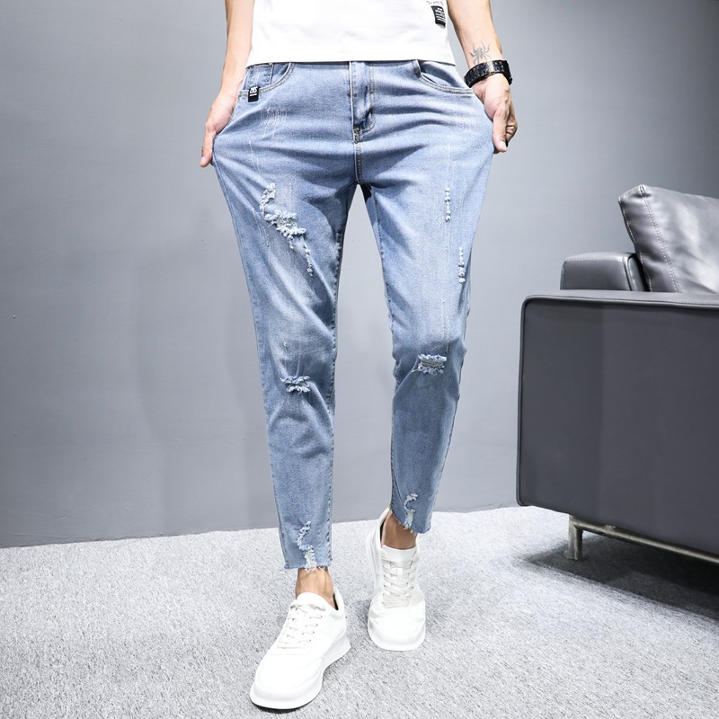 Blue Korean Slim Feet Jeans Male Feet Jeans Men Jeans Denim Slim Jeans Denim Shopee Singapore