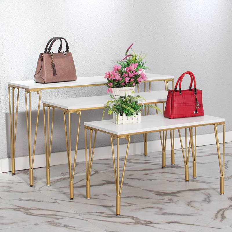 Tieyi Light Luxury Clothing Store Display Shelf Zhongdao Bag Rack Shoe Rack Jewelry Rack Gold High And Low Water Table Solid Wood Table Shopee Singapore