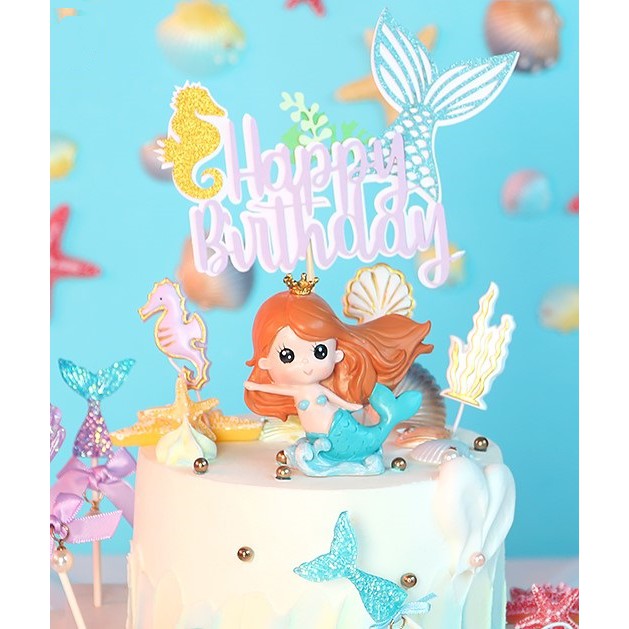 Birthday Cake Little Mermaid With Sea Creatures Corals And Happy Birthday Topper Mermaid Cake Topper Cake Decoration Shopee Singapore