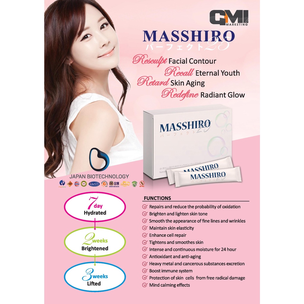 Masshiro Whitening Beauty Drink 15 Sachets, Hydrated, Brightened ...