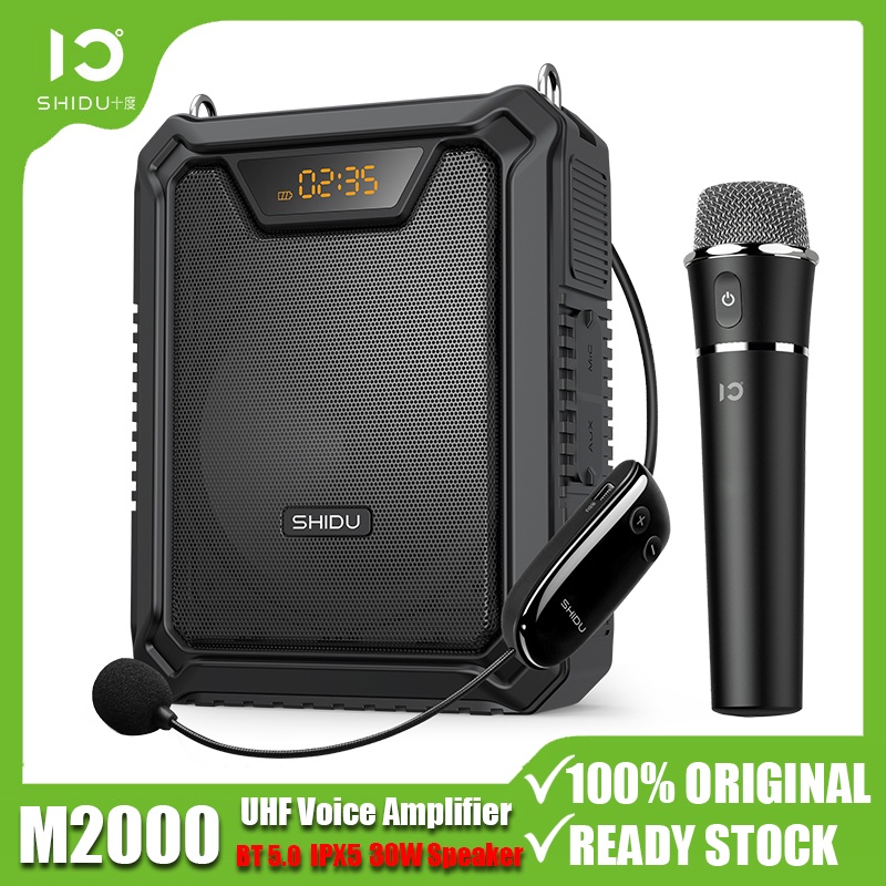 SHIDU M2000 UHF Wireless Voice Amplifier Powerful Portable 30W Bluetooth Speaker Waterproof with 2*Wireless Mic 5000mAh PA Systems Speaker for Teachers Classroom Meetings Outdoors
