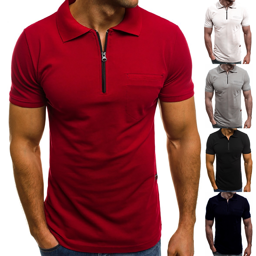 Mens Polo Shirt Solid Lapel Muscle Short Sleeve Zip Neck Business Sport ...
