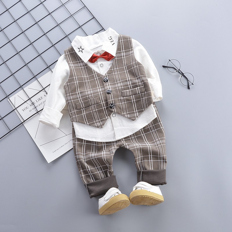 Boys Wedding Suits Kids Clothes Toddler Formal Kids Suit Children S Wear Grey Vest Shirt Trousers Boys Outfit Baby Grid Lattice Clothes Shopee Singapore