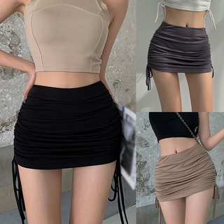Image of Women High Short Skirt Waist Drawstring Elastic Short Skirt Women Summer New Fake Two-piece Anti-glare Culottes
