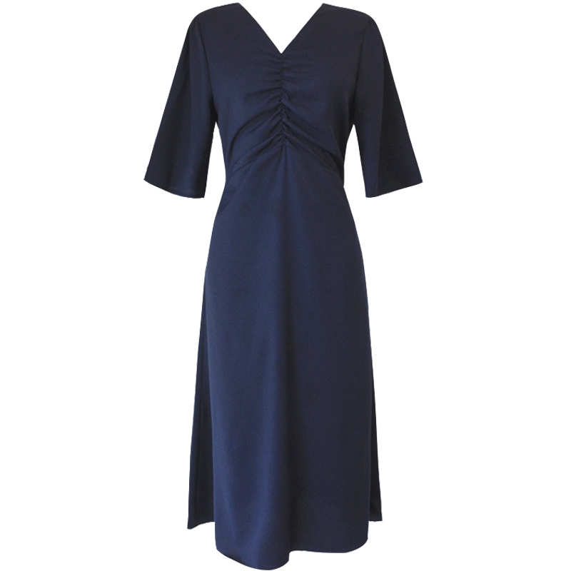 2022 Elegant Women Dresses High Waist V Neck Vintage Short Sleeve Solid Midi Dress