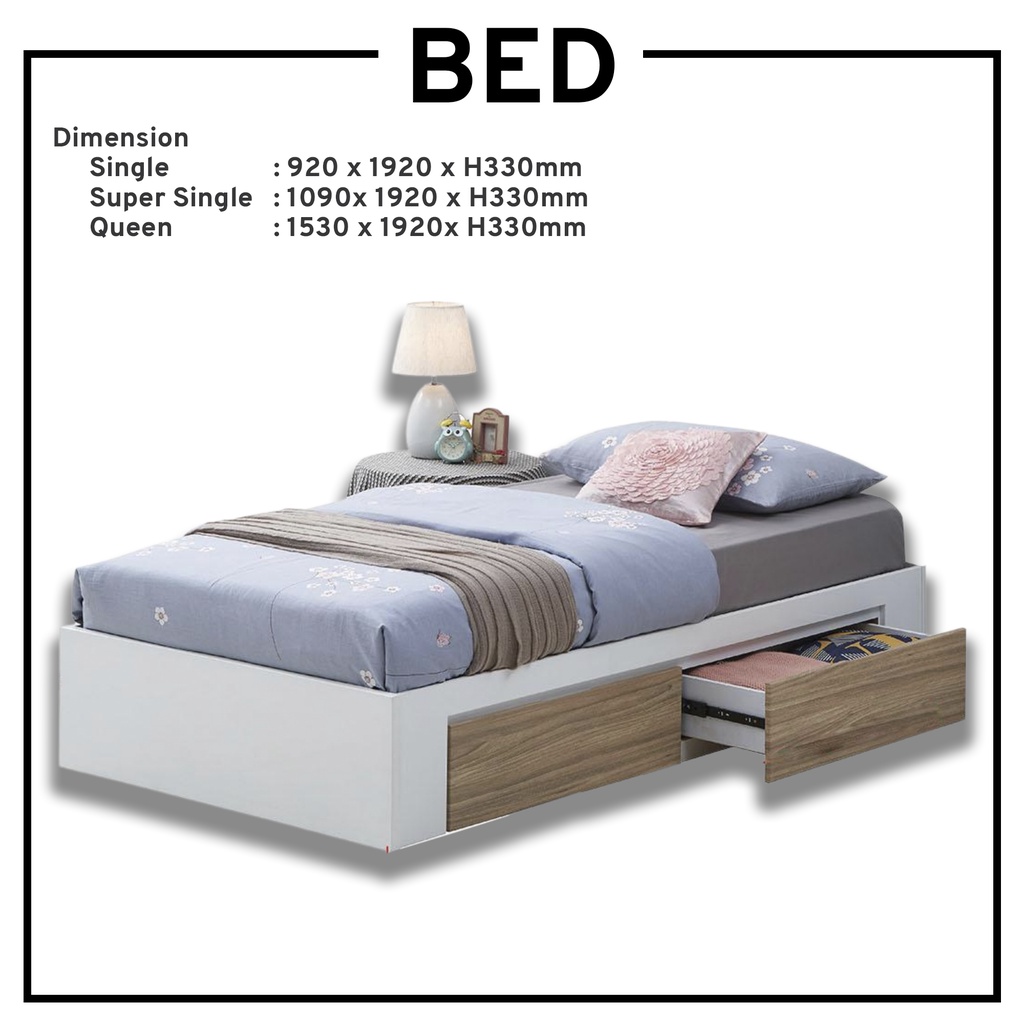 Single size bedframe / White wooden bedframe / storage bed / bedframe with drawers Shopee