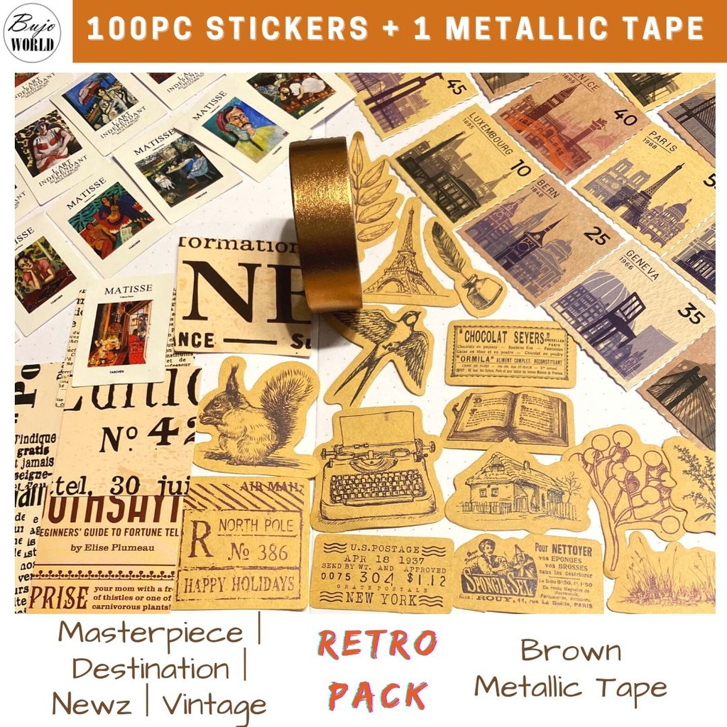 BujoWorld Scrapbook Sticker Pack RETRO 100 pc Stickers + 10m Metallic