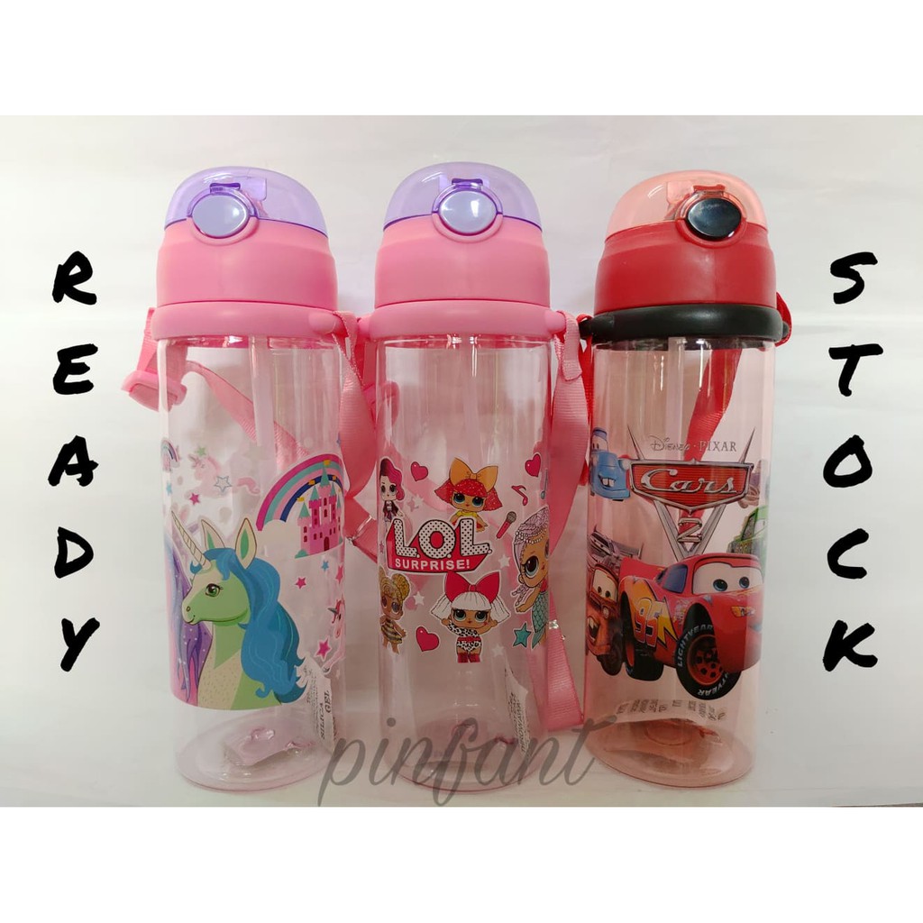  Ready Stock 600ml Cartoon Water Bottle With straw BPA 