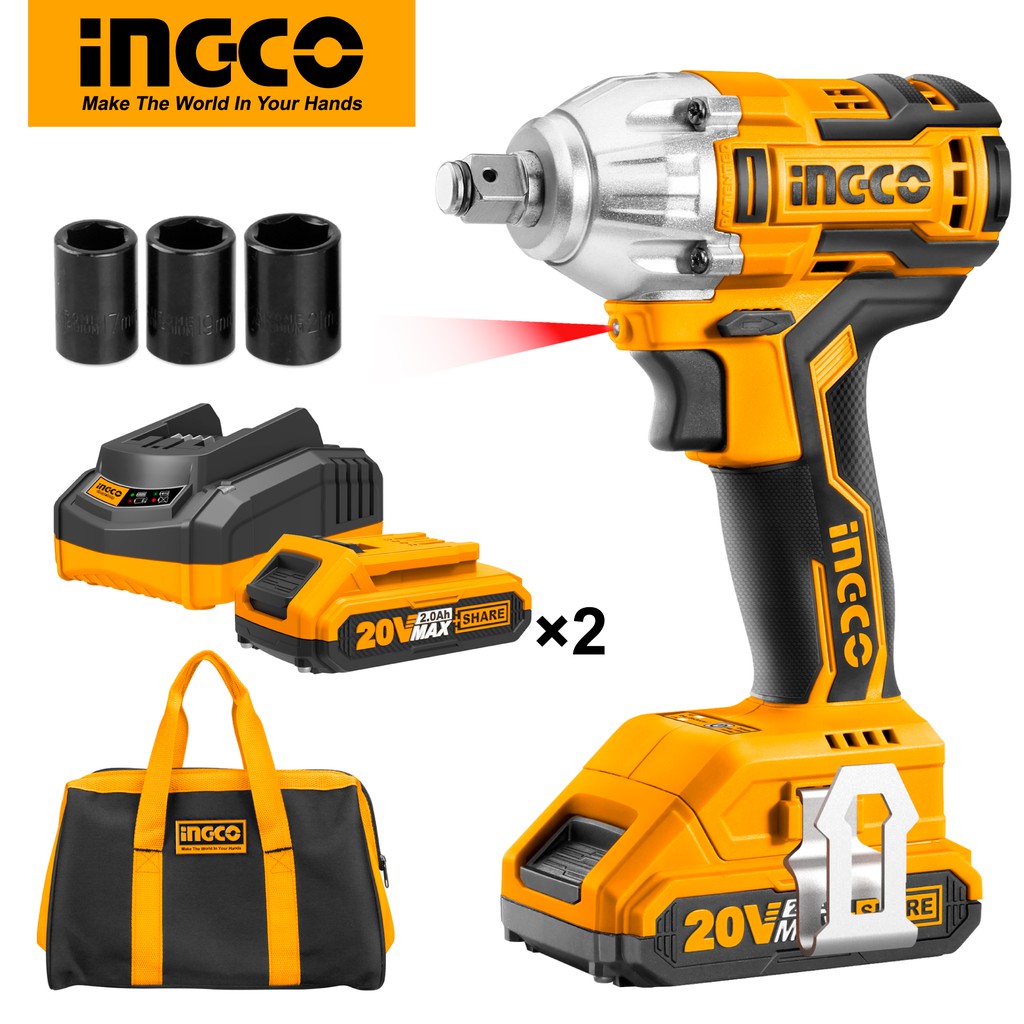 INGCO Lithiumion Brushless Impact Wrench with 2Pcs 20V Battery Pack