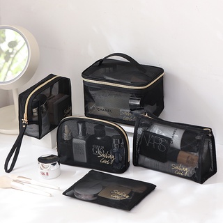 Women Makeup Bag Travel Cosmetic Pouch Organizer Black Mesh Toiletries Bag Makeup Brush Beauty Tools Storage Bags