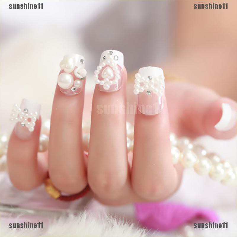 Sun11 24 False Nails Acrylic Gel Full White French Bow Pearl Fake Nails Art T Shopee Singapore