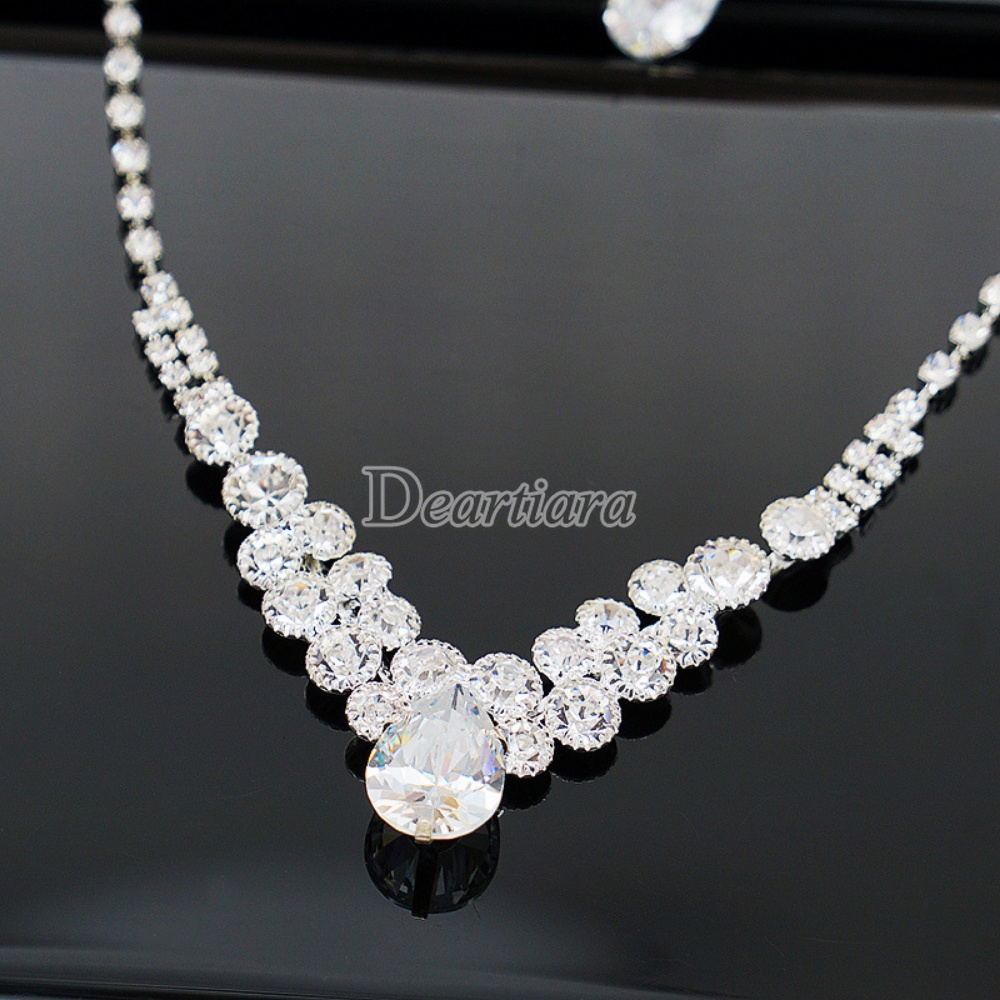 Image of Fashion Bright Full Diamond Zircon Water Drop Necklace Earrings Set Bridal Wedding Jewelry #6