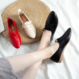 Image of Black Non-slip Flat Shoes Lace-up Low-heel Leather Shoes Women's Casual Pointed Flats