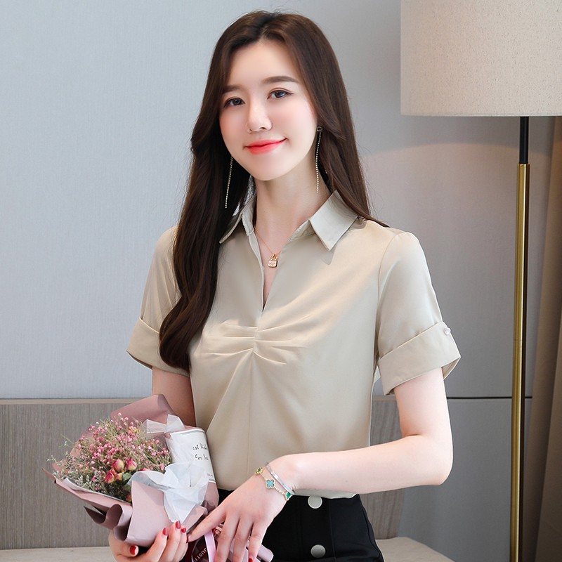 Korean Style Elegant Plain Pleated Office Blouse Women Summer Short ...