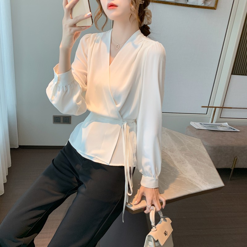 white wrap blouse long sleeve