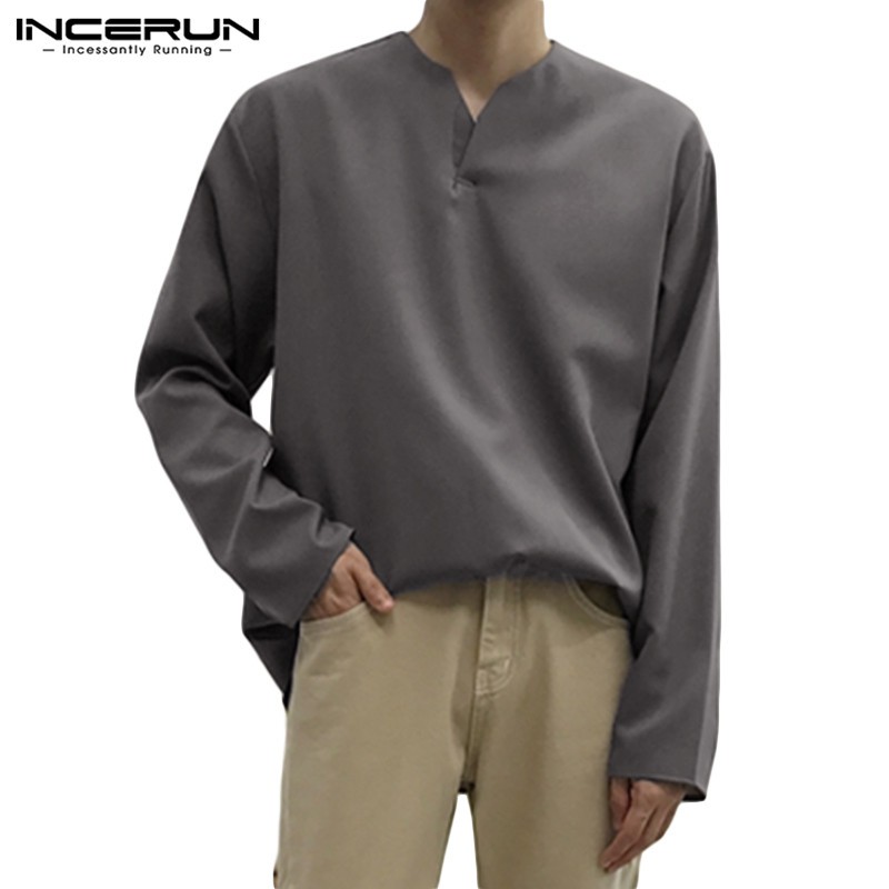 INCERUN Mens Linen Long Sleeve V-Neck Causal Shirt | Shopee Singapore