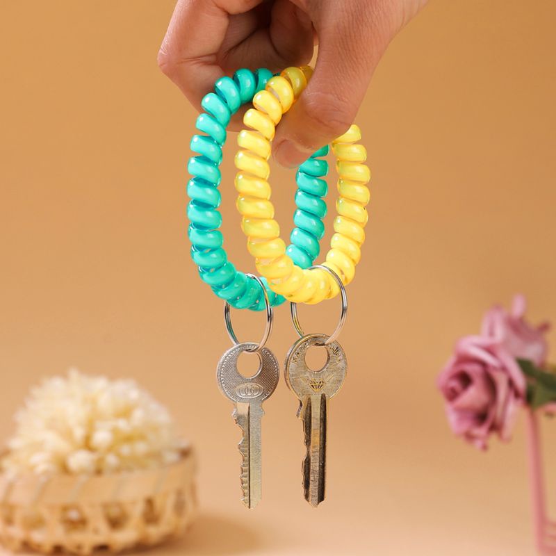  5x Telephone Line Elastic Hair Ties Spiral Wrist Coil Keychains w/Ring Random