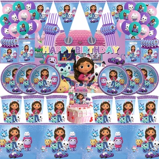 Gabby's Dollhouse Party Tableware happy Birthday Gabby Paper Cup Plate Banner Baby Shower Balloons Girl Party Decor
