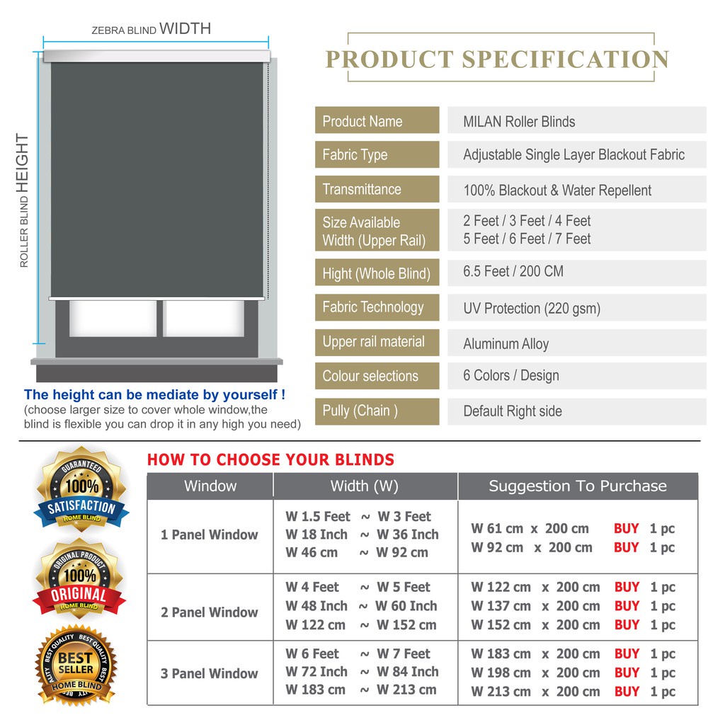 Local Stock Milan Roller Blinds 100 Blackout Bidai Pvc Plain Water Repellent Height 183cm 6 Feet Shopee Singapore