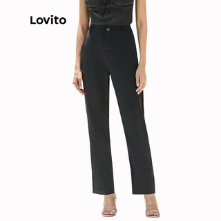 Image of Lovito Plain High Waist Straight Leg Pants L02067 (Black/Blue/Brown/Green/Dark Grey)