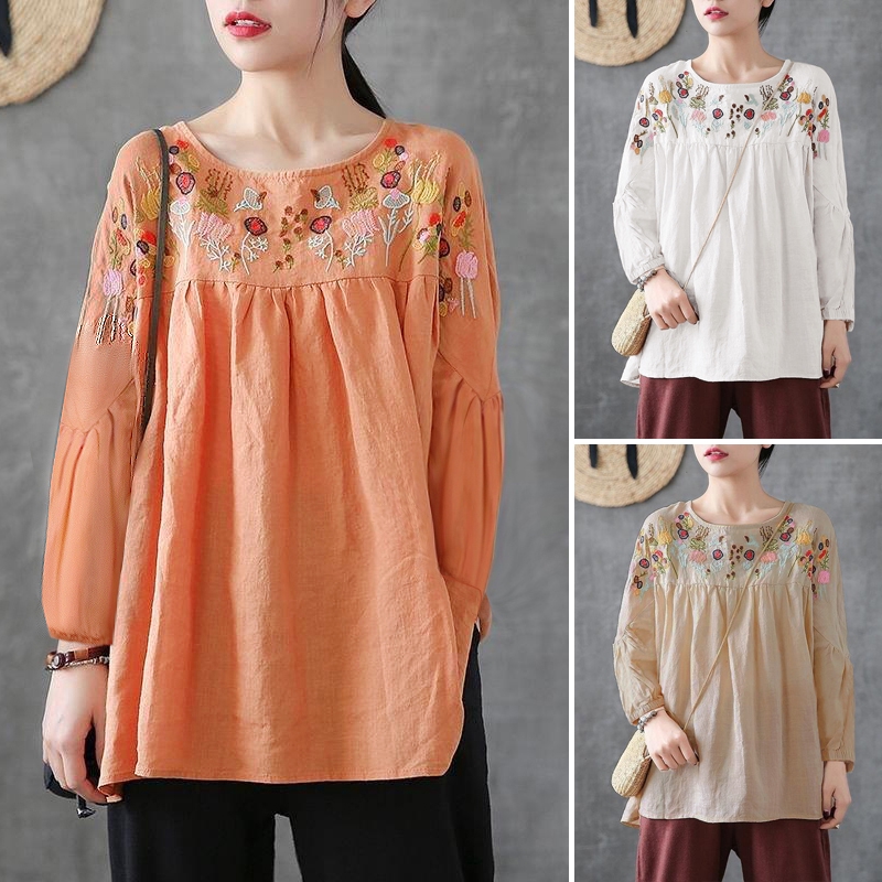 # ZANZEA Women Casual O Neck Long Sleeve Retro Embroidery Peasant Tops ...