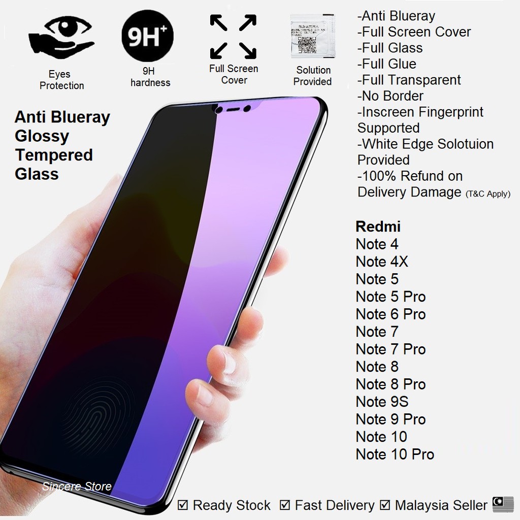 Xiaomi Mi Redmi Note 4 5 Pro 7 Pro 8 Pro 9s 9 Pro 10 Pro Anti Blueray Glossy Full Screen Frame Tempered Glass Shopee Singapore