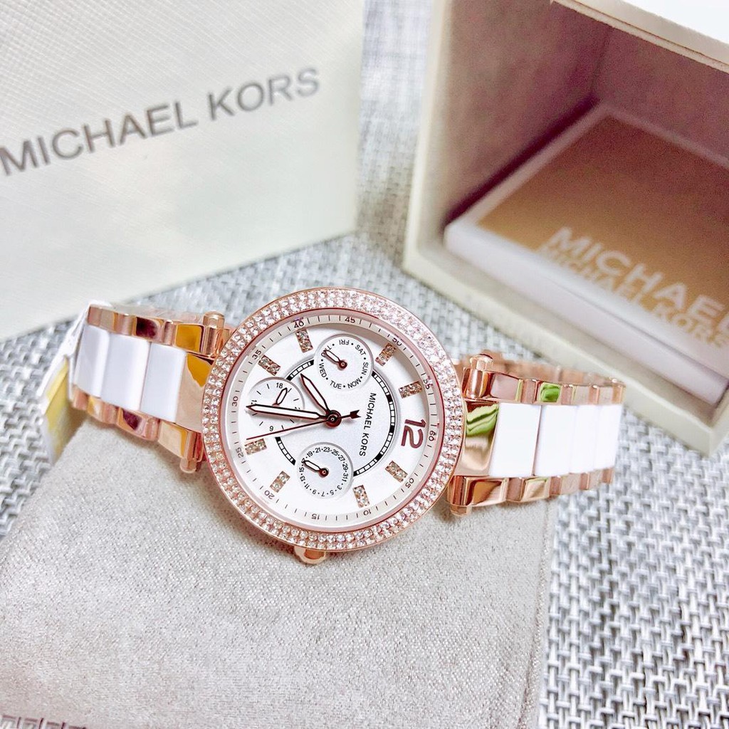 michael kors women's white and gold watch