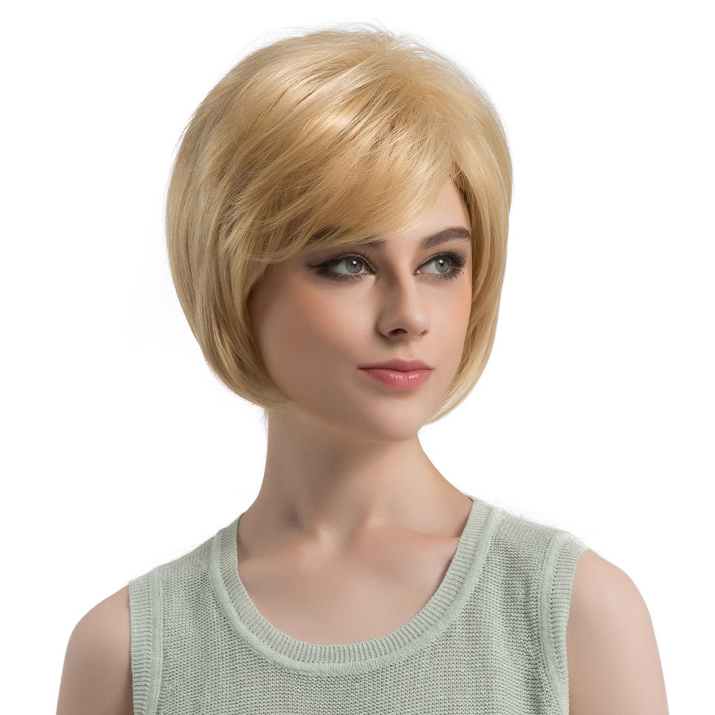 Girl Short Straight Light Gold Wigs With Side Bangs Bob Hair