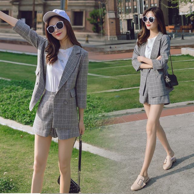 Suit Small Suit Shorts Suit Women Spring New Casual Business Wear Plaid Jacket Two Piece Spring Shopee Singapore