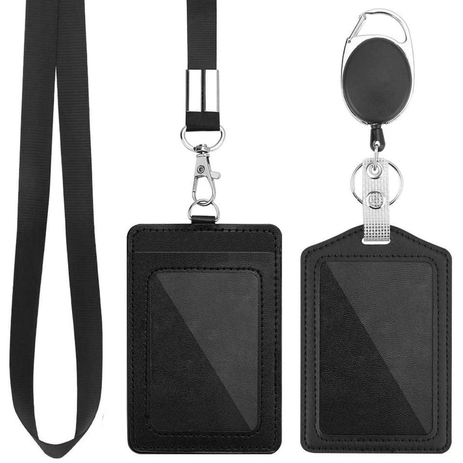 ID Badge Holder with Lanyard 4 Credit Card Slots and a Detachable Neck Lanyard Vertical PU Leather ID Badge Card Holder with 1 Clear ID Window Stripe 