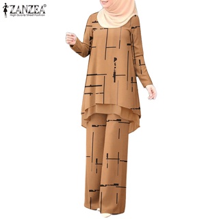 ZANZEA Women Leisure Full Sleeve Double-layer Irregular Hem Stripe Printing Elastic Waist Muslim Set