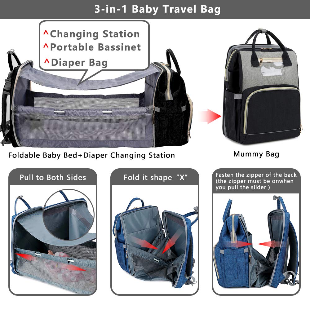 Water Resistant Portable Baby Bag with Folding Crib Blue Foldable Changing Station Bag + Crib + USB 3 in 1 Travel Diaper Bag with Bassinet Diaper Backpack with Changing Bed 