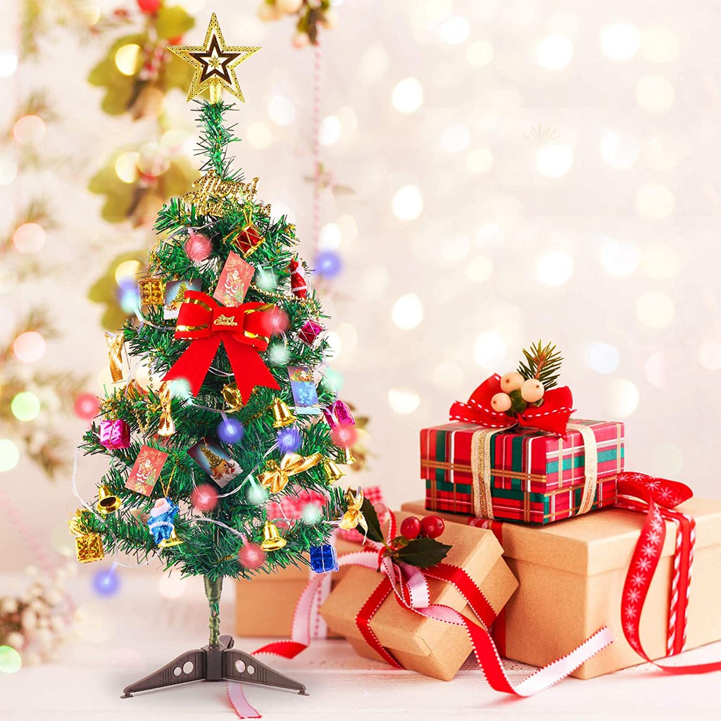 Tabletop Mini Christmas Tree With LED Lights Ornaments Festival Decor Xmas Gift 
