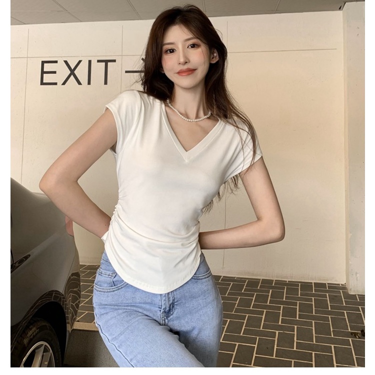 Image of Pure cotton slim fit solid color v-neck short-sleeved T-shirt crop top #4