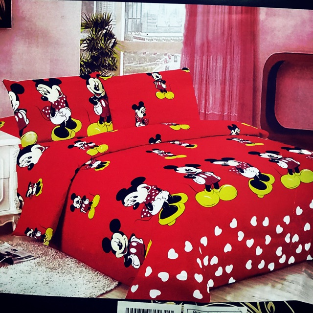 Mickey Mouse Red Cadar Bedsheet Queen, Red Queen Size Mickey Mouse Bedding
