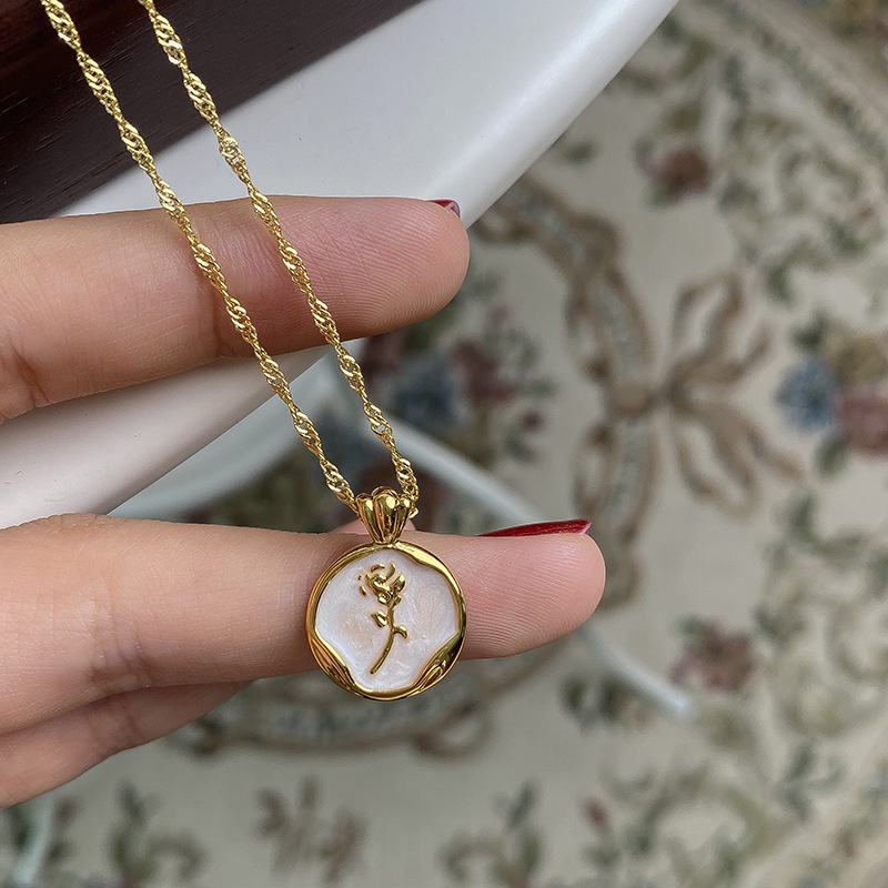 Image of White Simple Rose Necklace Female Personality Round Card Pendant Collarbone Chain Sweet Niche Design Necklace #8