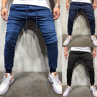 Image of Men Denim Causal Stretchable Elastic Waist Fashion Skinny Long Pants Jeans