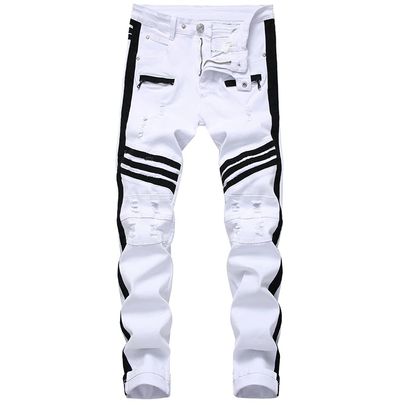 New White Men Denim Straight Long Pants With Zippers Contrast Color Stripe Slim Plus Size Comfortable Cotton Wide Leg Thin Long Jeans Cool Jeans For Teenagers And Students Size 28 42 Shopee Singapore