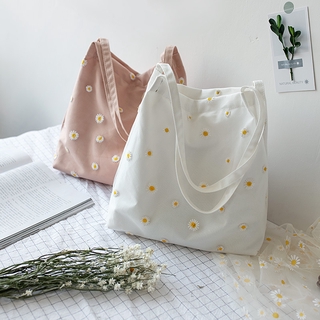 Image of High Quality Ladies Handbags Canvas Pure Cotton Tote Bag Floral Daisy Pattern Shopping Travel Korean Version Women Eco Reusable Shoulder Shopper Bags