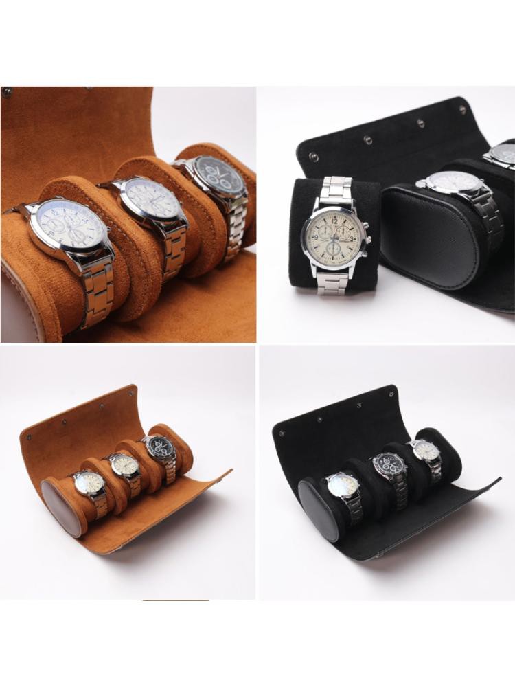 REDD 3 Slots  Portable Leather Watch Storage Box Slid in Out Watch Roll Travel Case