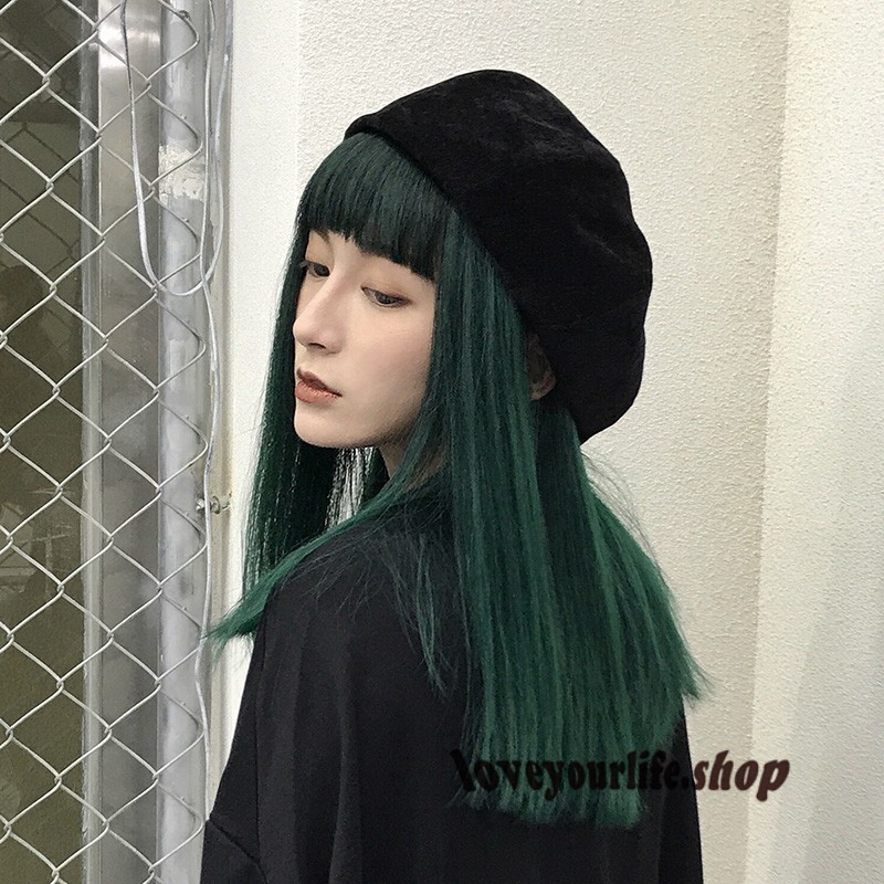 Long Straight Hair With Bangs Black Gradual Change Dark Green
