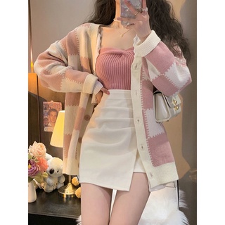 Japanese two-piece set. Lazy checkerboard knitted cardigan + high-waisted slit skirt. Pink thin coat. Cute sweet girl. sexy babes